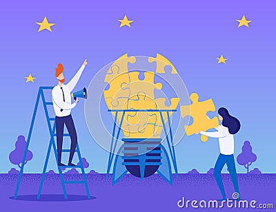 Idea Creation and Teamwork Metaphor Flat Cartoon Vector Illustration