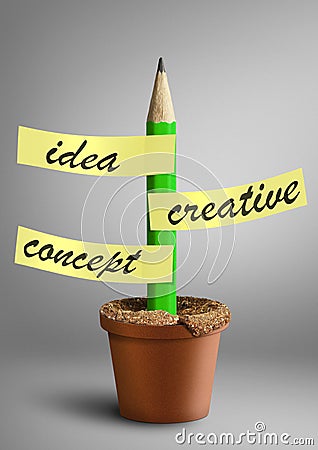 Idea creative concept, pencil with stickers as plant in pot Stock Photo