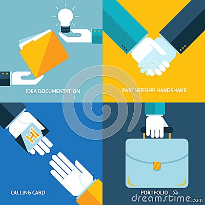 Idea documentation calling card portfolio partnership handshake business concept icons set modern trendy flat design vector Vector Illustration