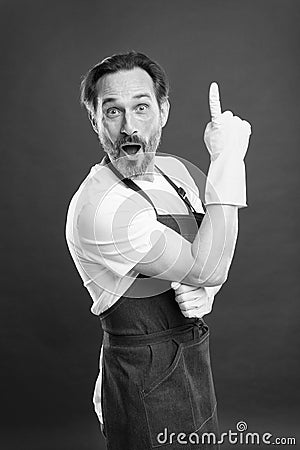 Idea for easy cleaning. Bearded guy cleaning home. Bearded worker. On guard of cleanliness. Cleaning service and Stock Photo