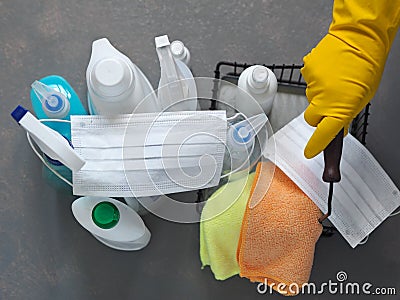 The idea of general cleaning and disinfection of the house during quarantine using detergents and disinfectants Stock Photo