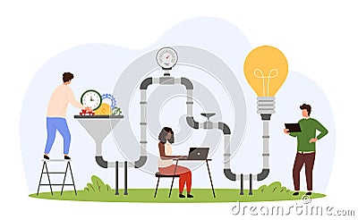 Idea generation with funnel, tiny people exchange money, gears and time to content Vector Illustration