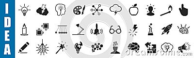 Idea icons set, creativity sign, creative idea logo with light bulb, human head, brain â€“ for stock Vector Illustration