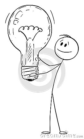 Idea, Man or Businessman Holding Light Bulb. Vector Cartoon Stick Figure Illustration Vector Illustration