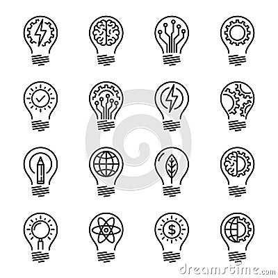 Idea intelligence creativity knowledge thin line icon set. Edita Vector Illustration