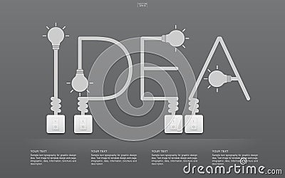 `Idea` Linear alphabet of light bulb and light switch on gray background. Cartoon Illustration