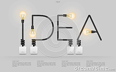 `Idea` Linear alphabet of light bulb and light switch on white background. Cartoon Illustration