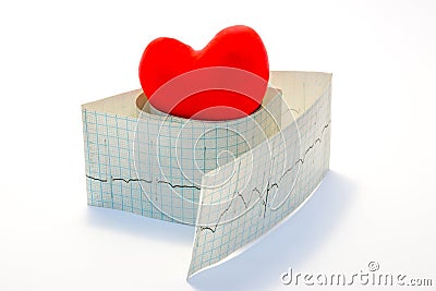 Idea photo arrhythmias and heart diseases related to disorders of normal heart rhythm. Model red heart lies on top of the roll of Stock Photo