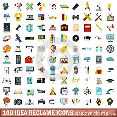 100 idea reclame icons set, flat style Vector Illustration