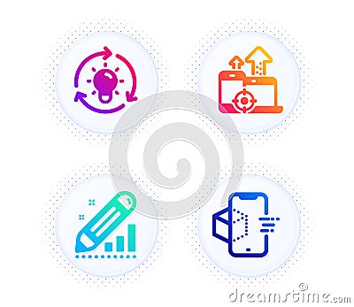 Idea, Seo devices and Edit statistics icons set. Augmented reality sign. Lightbulb, Mobile stats, Seo manage. Vector Vector Illustration