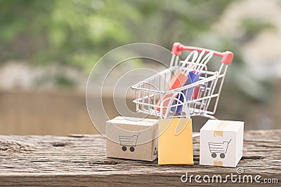 Stack boxes on laptop for Customer can buy from electronic internet. Stock Photo
