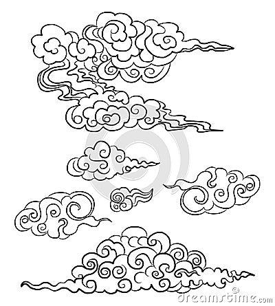 Idea for tattoo and coloring books.Japanese clouds and wave for tattoo design.Chinese clouds. Vector Illustration