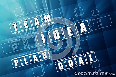 Idea, team, plan, goal in blue glass blocks Stock Photo