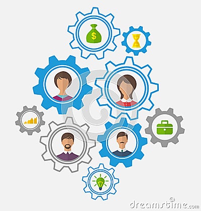 Idea of teamwork and success, business people enclosed in cogwheels Vector Illustration