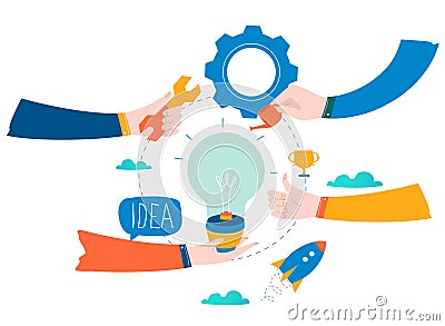 Idea, thinking, content development, brainstorming, creativity, project and research, creative soutions, learning and teamwork fla Vector Illustration