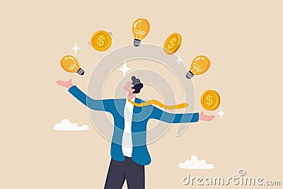 Idea to make money, entrepreneur to invent and make profit from new idea, investing strategy or creativity to earn money concept Vector Illustration