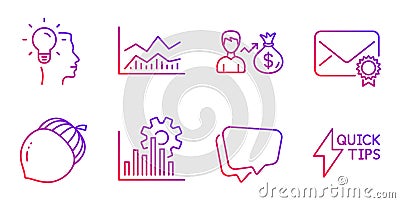 Idea, Trade infochart and Verified mail icons set. Sallary, Acorn and Speech bubble signs. Vector Vector Illustration