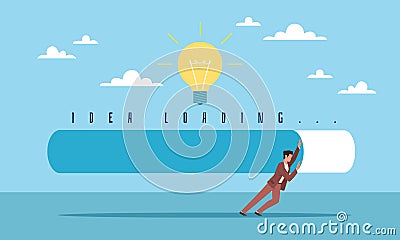 Idea Upload Progress. Businessman pushes load line, light bulb sign, innovation and startup in company, implementation Vector Illustration
