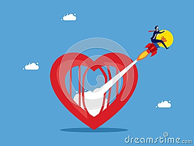 The idea of winning over yourself. Businessman riding a light bulb flying out of the heart prison Vector Illustration