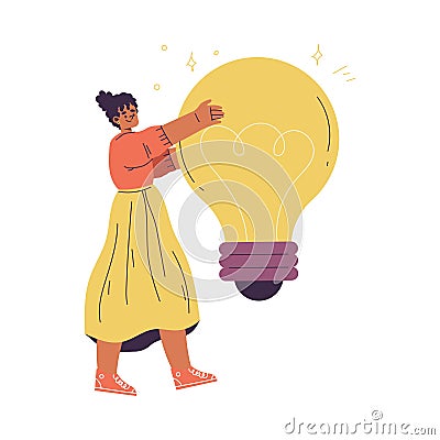Idea with Woman with Yellow Light Bulb Finding Solution Vector Illustration Vector Illustration
