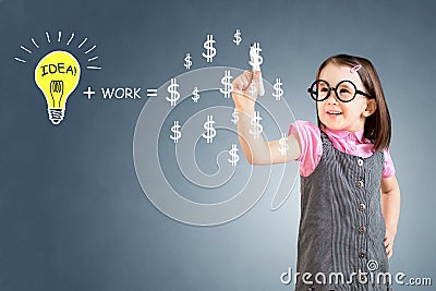 Idea and work can make lots of money equation draw by cute little girl. Blue background. Stock Photo