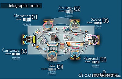Ideal Workspace for teamwork Infographic and brainstorming with Flat style Vector Illustration