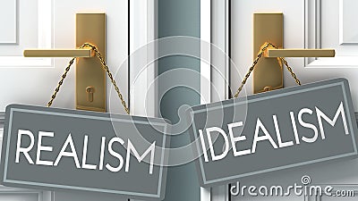 Idealism or realism as a choice in life - pictured as words realism, idealism on doors to show that realism and idealism are Cartoon Illustration