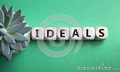 Ideals symbol. Wooden blocks with word Ideals. Beautiful green background with succulent plant. Business and Ideals concept. Copy Stock Photo