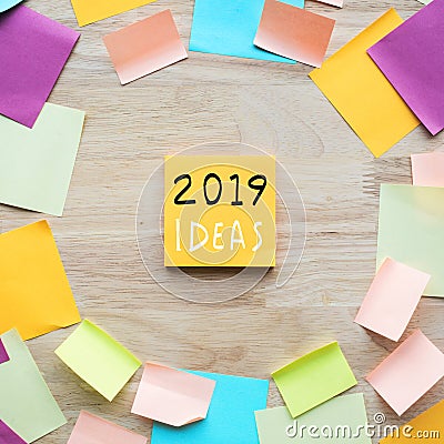 2019 ideas concepts with colorful notepaper on wood table. Stock Photo