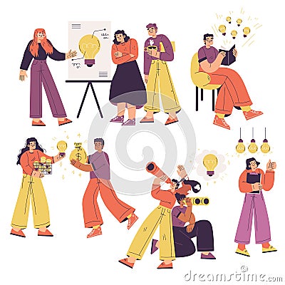 Ideas with Man and Woman with Yellow Light Bulb Finding Solution Vector Set Vector Illustration