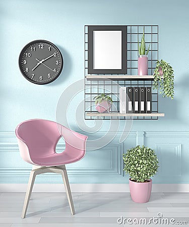Mock up Ideas of office room pink Geometric Wall Art Paint Design color ful on wooden floor.3D rendering Stock Photo