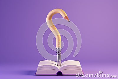 Ideas take shape Question mark pencil, open book on pastel purple backdrop. Stock Photo