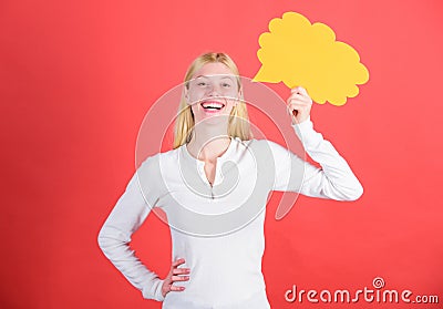 Ideas and thoughts copy space. Girl with speech bubble. Thoughts of inspired adorable woman. Idea and inspiration. Idea Stock Photo