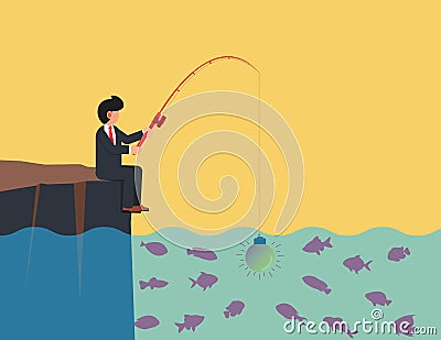 Ideas to attract money and investments. businessman sits fishing with a light bulb Vector Illustration