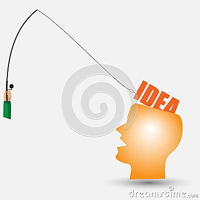 Hand holding a fishing rod taking the word idea from a human head Vector Illustration