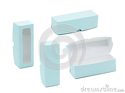 Identical blue windowed boxes shot from different angles in composition. Stock Photo