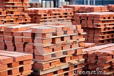 identical red bricks stacked after production Stock Photo