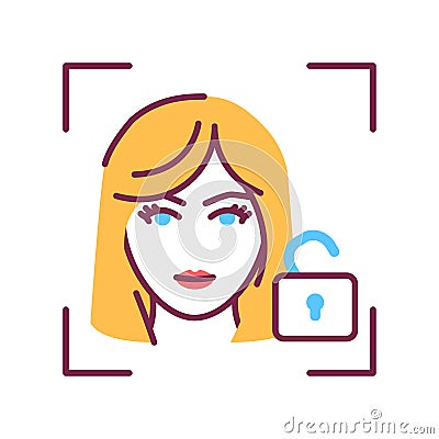 Identification face color line icon. Verification successful. Unlock access. ID and verifying person. Biometric security element Vector Illustration