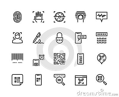 Identification line icons. Biometric sensor, face recognition and fingerprint scanner icons. Vector authentication and Vector Illustration