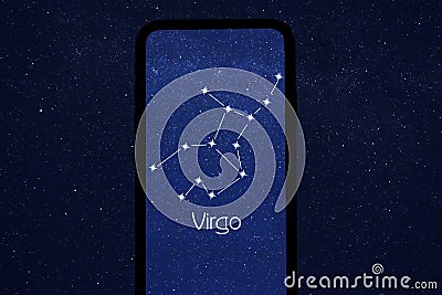 Identified by stargazing app stick figure pattern of Virgo constellation on phone screen on at night, closeup Stock Photo