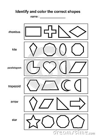 Identify and color the correct shapes. educational geometric shapes game. printable learning material for kids . black and white p Vector Illustration