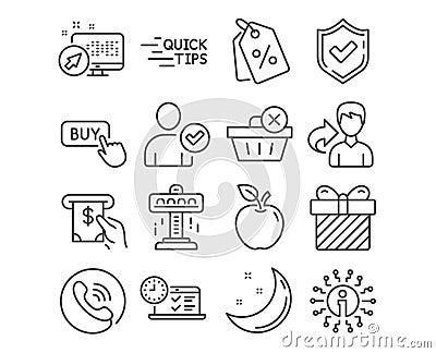 Identity confirmed, Buy button and Discount tags icons. Education, Online test and Surprise signs. Vector Vector Illustration