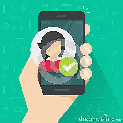 Identity proof via mobile phone vector illustration, flat verified person id on smartphone, cellphone with character Vector Illustration