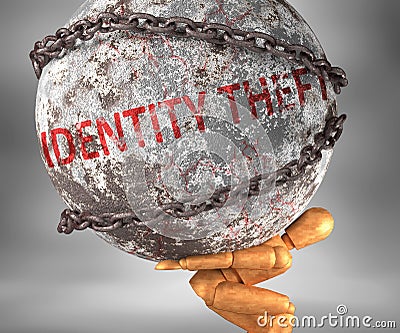 Identity theft and hardship in life - pictured by word Identity theft as a heavy weight on shoulders to symbolize Identity theft Cartoon Illustration