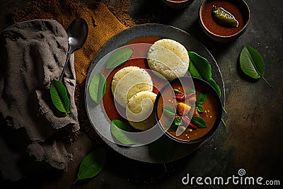 Idli sambar or Idli with sambhar and green red chutney Illustration AI Generative Stock Photo