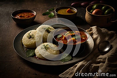 Idli sambar or Idli with sambhar and green red chutney Illustration AI Generative Stock Photo