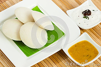 Idly / Idli with coconut chutney, sambar Stock Photo