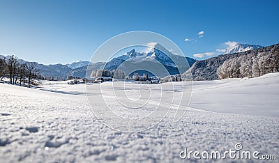 Idylic bavarian winter landscape with traditional farmhouses, Berchtesgaden, Bavaria, Germany Stock Photo