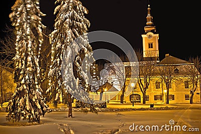 Idylic winter cityscape evening in snow Stock Photo