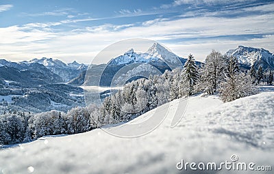 Idylic winter landscape, Watzmann, Berchtesgaden, Bavaria, Germany Stock Photo
